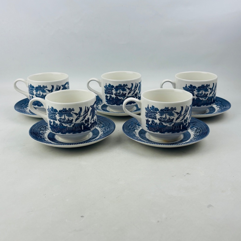 Churchill England Blue Willow Large Flat Cup and Saucer Set of 5 Georgian